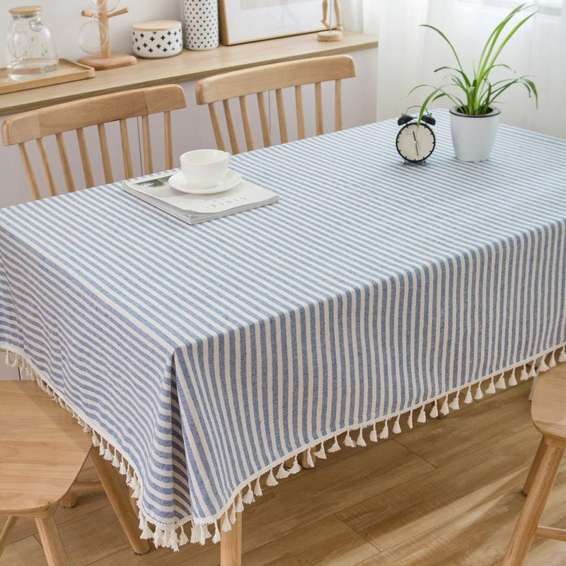 Plenmor Cotton Linen Table Cloth Stripe Tassel Square Tablecloth Dust-Proof