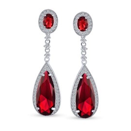 Red Long Teardrop Cubic Zirconia Dangle Statement CZ Screw Clip On Earrings Simulated Ruby Silver Plated Brass