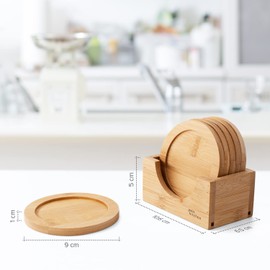 Joeji's Kitchen Set of 6 Wooden Coasters with Holder - 9cm Bamboo Coasters Heat & Water Resistant Drink Coasters to Prevent Burns or Water Rings