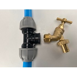 Mdpe Water Supply Pipe tee with Solid Brass bib tap Outlet,fits 20mm,25mm and 32mm Water Pipe,Barb of Quick Hose Connector Options (25mm tee+tap+Click)