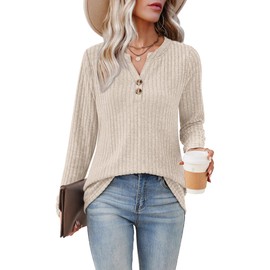Aokosor Ladies V Neck Jumpers UK- Long Sleeve Tops for Women Ladies Button Lightweight Tunic Beige Size 18-20
