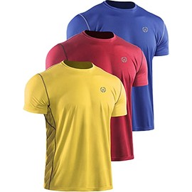 NELEUS Men's 3 Pack Running Shirts Mesh Dry Fit Workout Athletic Shirt,5027,Red/Yellow/Blue,L