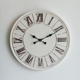 PILIHOME Large Farmhouse Wall Clock - 24 inch, Rustic White, Distressed Roman Numeral, Metal Face, Battery Operated, Modern Farmhouse Decorative Wall Clock for Living Room Decor