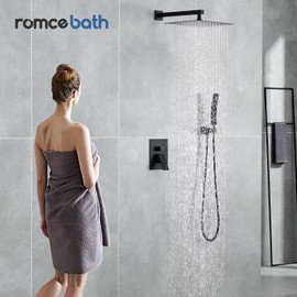 Shower Faucet Set Matte Black Shower System,RomceBath Shower Pressured Balance Brass Valve and Trim Kit 12 Inch Shower Head and Bath Handle Combo set Wall Mounted Tub and Shower Faucets Sets Complete