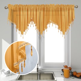 Huierxun 3 Piece Beaded Triangle Sheer Valance Curtains for Windows Kitchen Living Room Bathroom Bedroom Voile Sheer Rod Pocket Short Window Valance Curtains (Turmeric,51"x24")