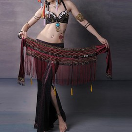 Baisdan Belly Dance Hip Scarf, Tribal Belly Dance Belt Skirt with Tassel Fringe Coins Flannel Shawl Wraps Belts for Women and Girls Rose Red M