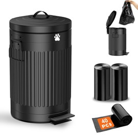 Kopuncare Dog Poop Trash Can Outside, 12L/3.1Gal Metal Dog Waste Trash Can with Lid, Foot Pedal, Waste Container with 40 Bags, Pet Poop Bucket with Lid Soft Close for Pet, Round Black Can