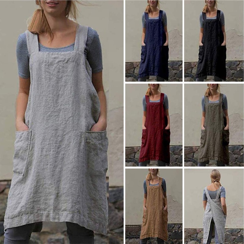 VLZUFE Cotton Linen Apron for women Cross Back Apron Pinafore