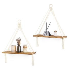 Dahey Macrame Hanging Shelf Boho Wall Decor Bedroom 2 Packs Rustic Wood Floating Shelves for Room Nursery Bathroom Living Room College Dorm Storage for Hanging Plants Photos, White