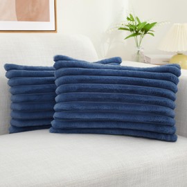 decorUhome Faux Fur Throw Pillow Covers 12x20 Set of 2, Decorative Soft Plush Striped Lumbar Neutral Couch Pillow Covers with Velvet Back for Sofa, Bed, Living Room Home Decor, Blue