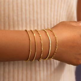 Gokeey Gold Bracelets for Women Dainty, 14K Gold Plated Bracelet Stack Beaded Chain Bracelet Set Trendy Thin Small Cute Paperclip Fashion Waterproof Gold Jewelry