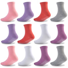 EPEIUS Kids Non-Slip Socks Toddlers Girls Boys Athletic Crew Socks with Grips Value Pack Non Skid Crew 12 Pack,Grey/White/Purple/Red/Pink,1-3 Years