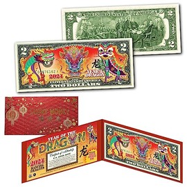 Dancing Dragons 2024 Chinese Lunar New Year of The Dragon Uncirculated Two Dollar Bill Special Edition with Both Collectible Red Hard Foilo Display & Red Envelope