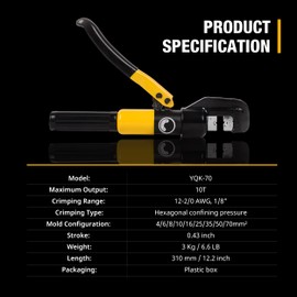 LCyindu 10T Hydraulic Crimping Tool 12-2/0AWG Hydraulic Cable Crimping Tool 0.43 inch Stroke Hydraulic Lug Crimper Electrical Terminal Crimper with 9 Pairs of Die Sets, YQK-70