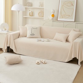 Foreate Reversible Sofa Cover Blanket Sectional Couch Cover Sheet Blanket for 3 Cushion Couch, Machine Washable Scratch-Proof Furniture Protector for Cats Dogs, 71’’ x150’’, Ivory