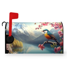 Dacawin Spring Flowers Bird Mailbox Cover Magnetic Standard Size 21x18 Inch Spring Mountain Lake Mailbox Covers Floral Rustic Seasonal Mailbox Wraps Post Letter Box Decor for Garden Yard