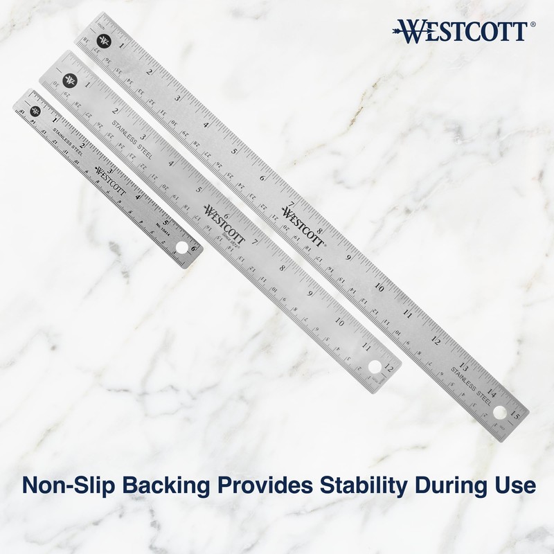 Westcott 10414 Stainless Steel Metal Ruler with Non-Slip Cork Base,