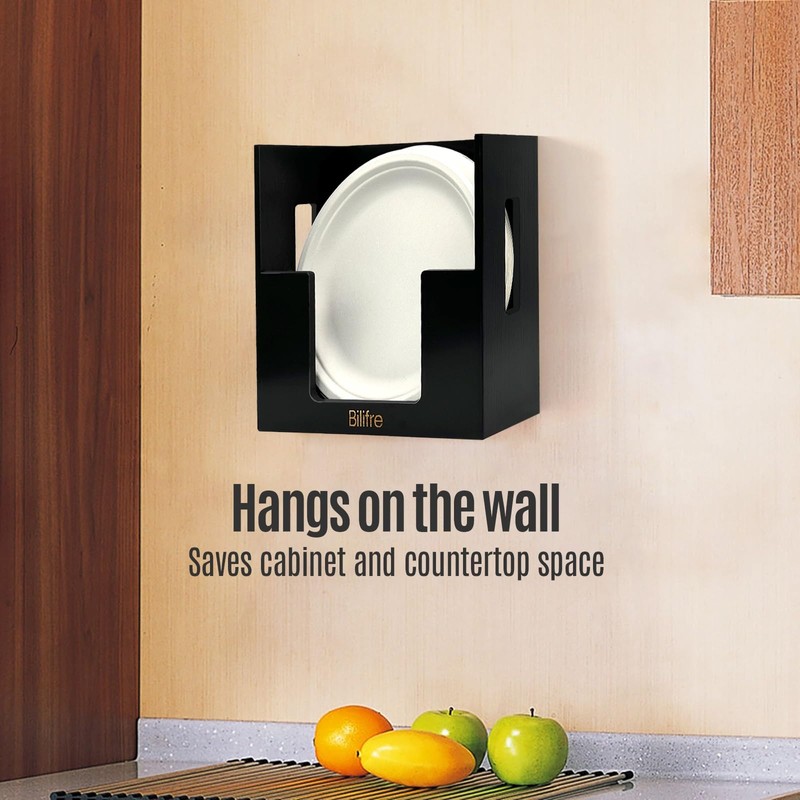 Bilifre Black Bamboo 8/9/10-Inch Paper Plate Holder, No-Drill Wall-Mounted, Countertop