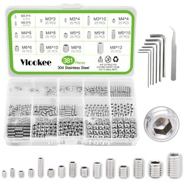 Vlookee Potato Screw Set, 381 Pieces, Hex Socket Screws, 304 Stainless Steel, Potato Screws, M2.5, M3, M4, M5, M6, M8, Potato Screws, Popular, Father's Day Gift, Hollow Sleeve, Bolt Base, Headless Screw, Inner Hex, Grub Screw, Set Screw Kit, Hex Key Wren