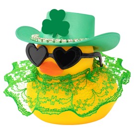 wonuu St Patrick's Day Rubber Duck, Green Shamrock Lucky Rubber Ducks with Skirt for Duck Party Favors Dashboard Decoration Car Ornament, Heart Sunglasses Diamond Cowboy Hat Lace Dress