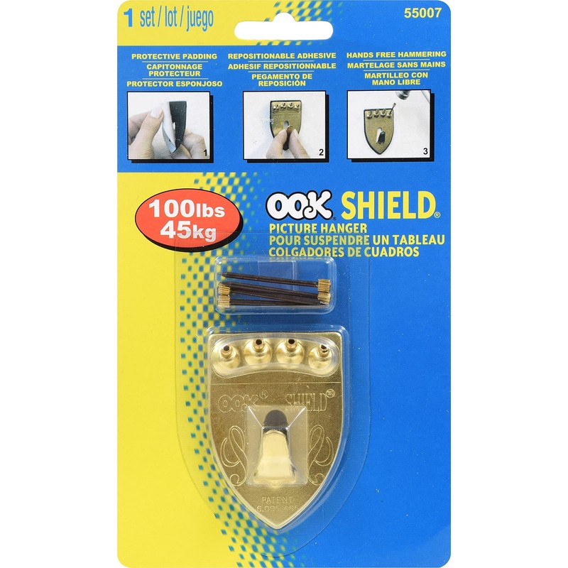 OOK 55007 Picture Hangers, Art Hangers, Shield Design, Brass, Reusable
