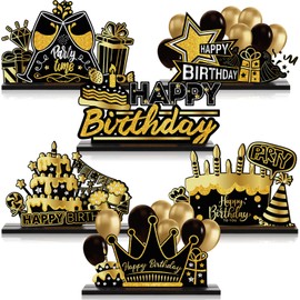 Leinuosen 6 Pieces Black Happy Birthday Table Centerpiece Wooden Sign Table Topper Birthday Decoration for Women Men Kids Birthday Baby Shower Party Photo Booth Props Supplies, 6 Designs (Gold)