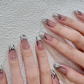 Medium Length Press on Nails, Artificial Acrylic Fake Nails for Women, 24PCS Full Cover Reusable False Nails Kits, French Zebra Stripes Nails Design, Glue on Nails Fake Nails