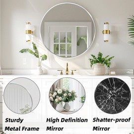 Winnker Silver Circle Mirror, Round Mirror 20 inch, Round Wall Mirrors Metal Frame, Circle Mirrors for Bathroom, Living Room, Hallway, Vanity, Over Sink
