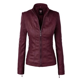 Lock and Love LL WJC877 Womens Panelled Faux Leather Moto Jacket L Wine