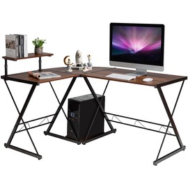 POWERSTONE L Shaped 58" Work from Home Computer Desk, Rustic Writing Office Workstation, Corner Curved Gaming Table with Monitor Stand and Storage Shelve