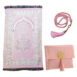 Prayer Mat Set, Portable Praying Mats pink rug with Beads and Portable Bag | Muslim Prayer Rug Islamic Gifts for Women Men | Travel Prayer Mat Prayer Beads Kit Ramadan Gifts
