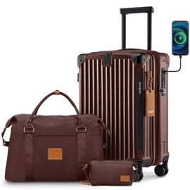 Joyway 20in Carry On Luggage with Cup Holder and USB Port, 25% Expandable Capacity, Smart Suitcase Set with Anti Slip Wheels and Handbag, Perfect for Men and Women (Coffee, Carry-On 20-Inch Handbag)