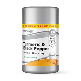 Vitawell Turmeric & Black Pepper | 150 Capsules | 500mg Turmeric (Curcuma longa) with Black Pepper | 1 a Day Adult Vitamin | 5 Month Supply | By Vitawell