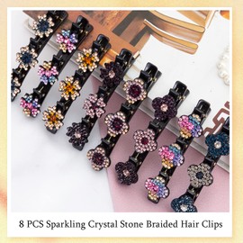Sparkling Crystal Stone Braided Hair Clover Clips for Thick Thin Hair, Girls/Women Hair Accessories for Styling Sectioning, Large, 8 Pcs