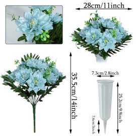 XONOR Artificial Cemetery Flowers for Grave, Set of 2 Artificial Dahlia Bouquet Memorial Flowers with Vase for Outdoor Cemetery Graveyard Decoration (Blue)