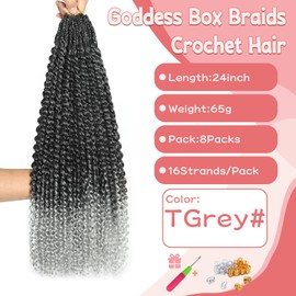 Goddess Box Braids Crochet Hair 8 Packs with Curly Ends Pre Looped Boho Water Wave Crochet Hair Deep Wavy Ends Gogo Curl Crochet Hair with Jerry Curly Extensions for Black Women (TGREY#, 24inch)