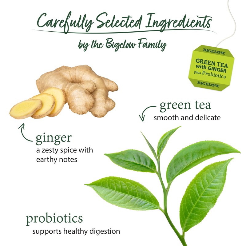 Bigelow Tea Green Tea with Ginger Plus Probiotics, Caffeinated Tea