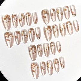 Fall Press on Nails Short Almond, Thanksgiving Fake Nails Autumn Leaf Designs, Glitter Stick on Nails Fall Thanksgiving Nail Accessories for Women Girls 24Pcs