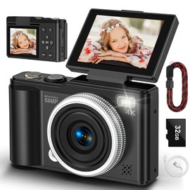 Digital camera, 4K 64MP Compact Digital Camera with Autofocus and Macro Function, 180° flip-up screen portable selfie cameras for photography and video with 32GB Micro SD Card for Beginners Teens
