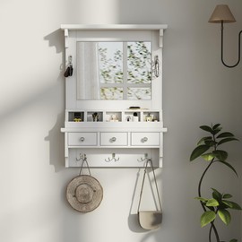 Polibi Wall-Mounted Makeup Vanity with Large Mirror - Space-Saving White Floating Vanity Table with Storage Drawers, Pockets & Hooks, Decorative Organizer for Bedroom/Bathroom