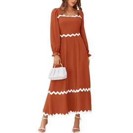 BTFBM RIC Rac Dress Women Maxi Dress Square Neck Long Sleeve Smocked Tie Back A-Line Flowy Fall Wedding Guest Dresses(Solid Brick Red, Small)