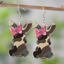Wooden Easter Bunny Rabbit Earrings Cute Leopard Print Rabbit Drop Dangle Earrings Flower Bunny Earrings for Women Holiday Jewelry Gifts-F
