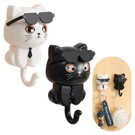 2 Cartoon Cat in Sunglasses Creative Gra-vity Hook Cute Cat Key Hook Pet Wall Hooks for Hanging Key, Bag, Hat, Towel (Black and White)