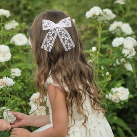 White Lace Hair Bow Clips for Women Bridal Flower Girls Wedding Accessories Large Long Tail Ribbon Tulle Bow Barrettes Alligator Pins Baby Teens Toddler Kids Birthday Communion Gift 4"