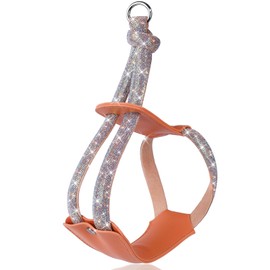 WOOFUU Rhinestone Dog Harness, Orange Leather No Pull Vest with Bling Multicolor Crystals, Adjustable Soft Walking Harness for Small Cats Dogs