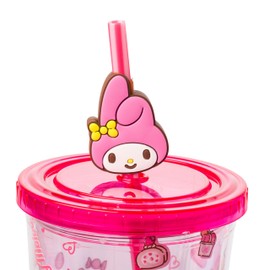 Silver Buffalo Sanrio My Melody Pink Strawberry Pattern Plastic Cold Cup with Lid and Topper Straw 24 Ounces