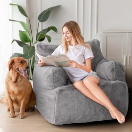 MAXYOYO Giant Bean Bag Chair, Faux Fur Stuffed Bean Bag Couch with Filler Large Living Room Bean Bag Chair for Adults, Big Lazy Sofa Accent Chair with Pocket Floor Chair for Gaming, Reading, Grey