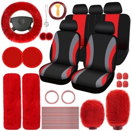 ROCEEI 43 Pcs Red and Black Car Seat Cover Full Set for Women Christmas Fuzzy Car Accessories Fluffy Steering Wheel Cover Front Rear & Belt Handbrake Shift Accessory for Winter