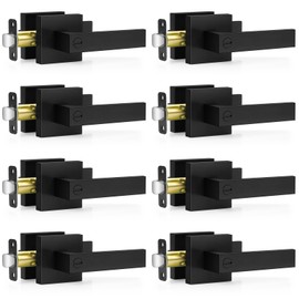 Plustool 8 Pack Matte Black Door Handles, Keyless Interior Door Knobs, Privacy Door Lever Locksets for Bedroom Bathroom, Heavy Duty Square Door Lock (2.0lb), Reversible for Left&Right Handled Doors