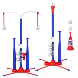 EagleStone 3-in-1 Toddler T Ball Set for Kids 3-5, 5-8, 2 Baseball Bats,Adjustable Height Hanging Tee,Tball Batting Stand,Ball Launcher. Outdoor/Indoor Baseball Toys for Toddlers, Backyard Sports Gift